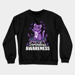 Cat And Butterflies Sarcoidosis Awareness Month Purple Ribbon Crewneck Sweatshirt